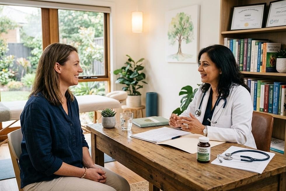 Doctora brindando atención personalizada en medicina integrativa