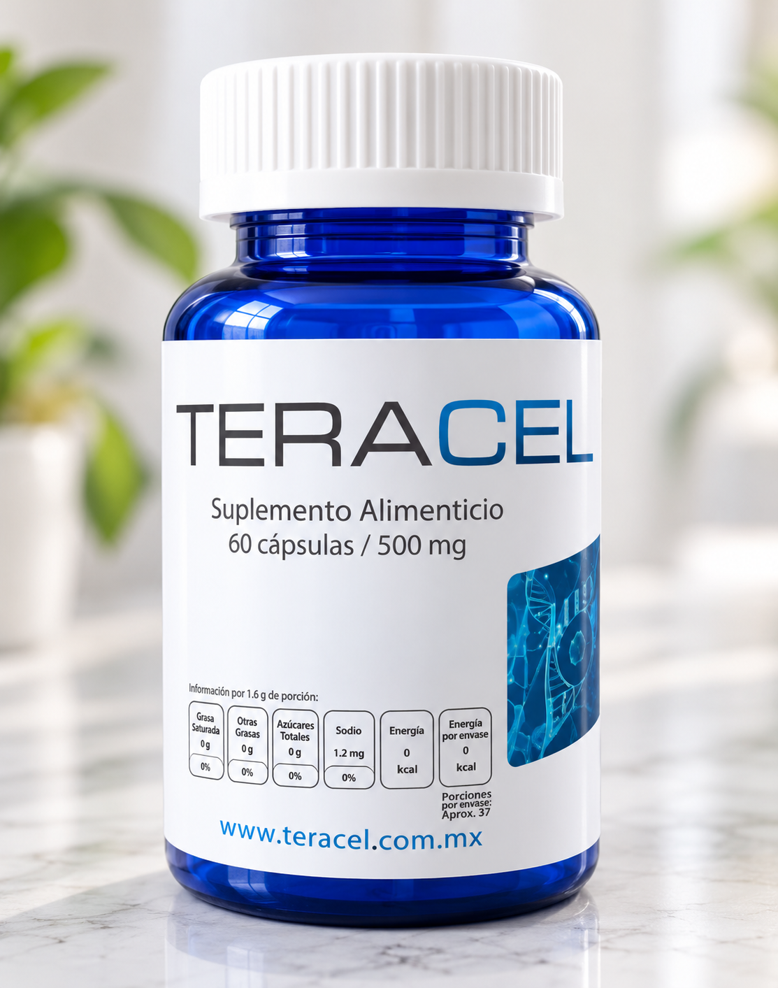 Frasco de TERACEL, suplemento alimenticio de 60 cápsulas de 500 mg
