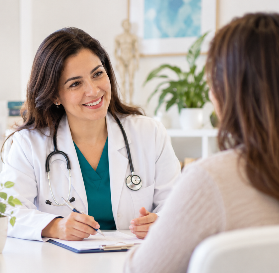 Doctora brindando atención personalizada a una paciente
